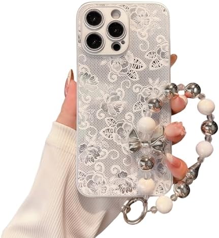 Pretaco 3D Lace Rose Phone Case – Frosted Silver with Bead Hand Strap