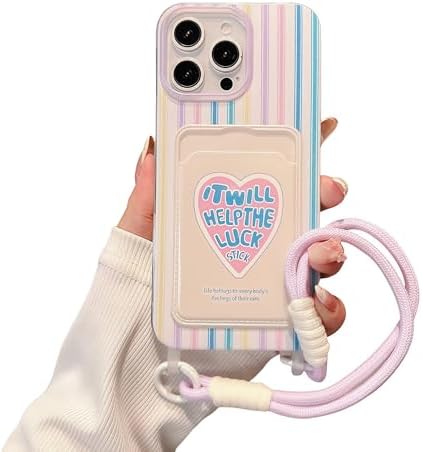 Pretaco Dopamine Stripe Card Slot Phone Case – Love Print with Lanyard