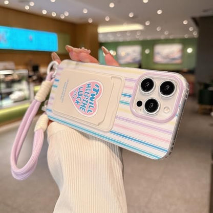 Pretaco Dopamine Stripe Card Slot Phone Case – Love Print with Lanyard