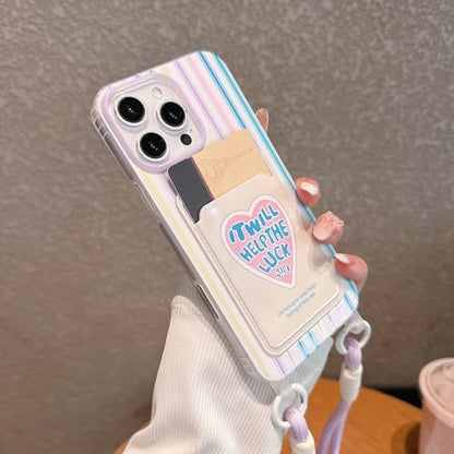 Pretaco Dopamine Stripe Card Slot Phone Case – Love Print with Lanyard