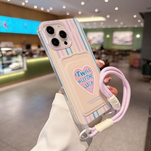 Pretaco Dopamine Stripe Card Slot Phone Case – Love Print with Lanyard
