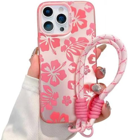 Pretaco Preppy Hibiscus Floral Phone Case – with Wrist Strap Charm