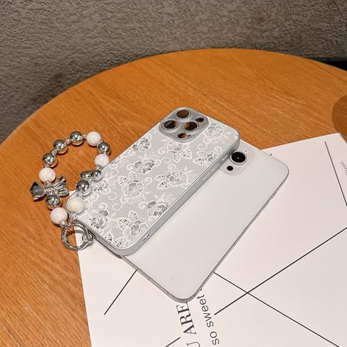 Pretaco 3D Lace Rose Phone Case – Frosted Silver with Bead Hand Strap