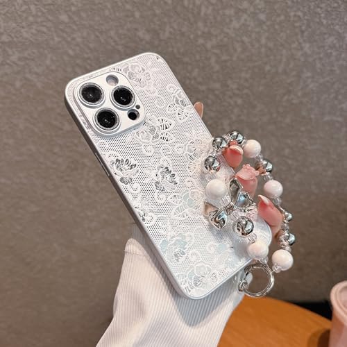 Pretaco 3D Lace Rose Phone Case – Frosted Silver with Bead Hand Strap