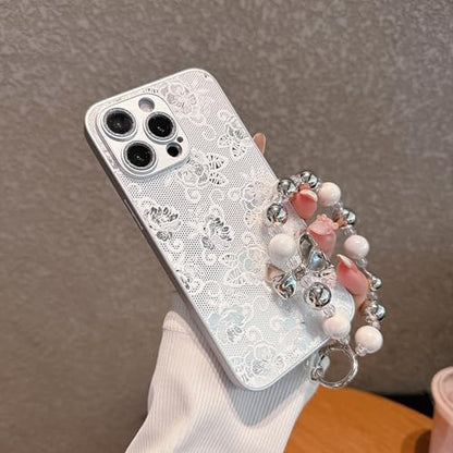 Pretaco 3D Lace Rose Phone Case – Frosted Silver with Bead Hand Strap