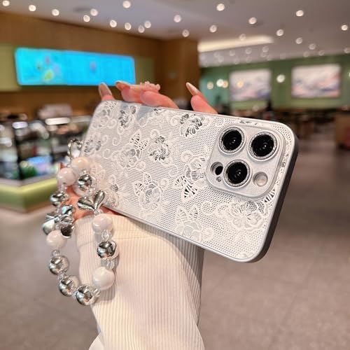 Pretaco 3D Lace Rose Phone Case – Frosted Silver with Bead Hand Strap