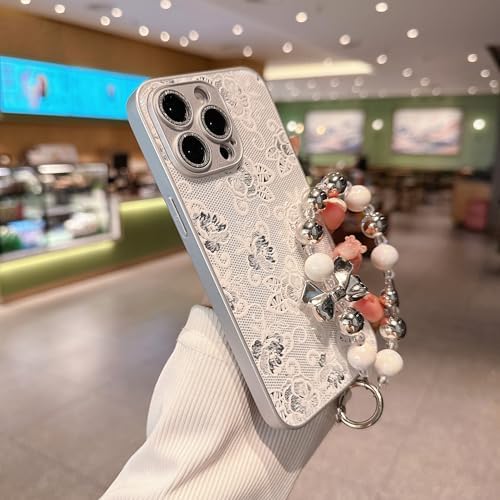 Pretaco 3D Lace Rose Phone Case – Frosted Silver with Bead Hand Strap