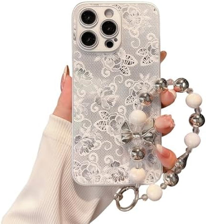 Pretaco 3D Lace Rose Phone Case – Frosted Silver with Bead Hand Strap