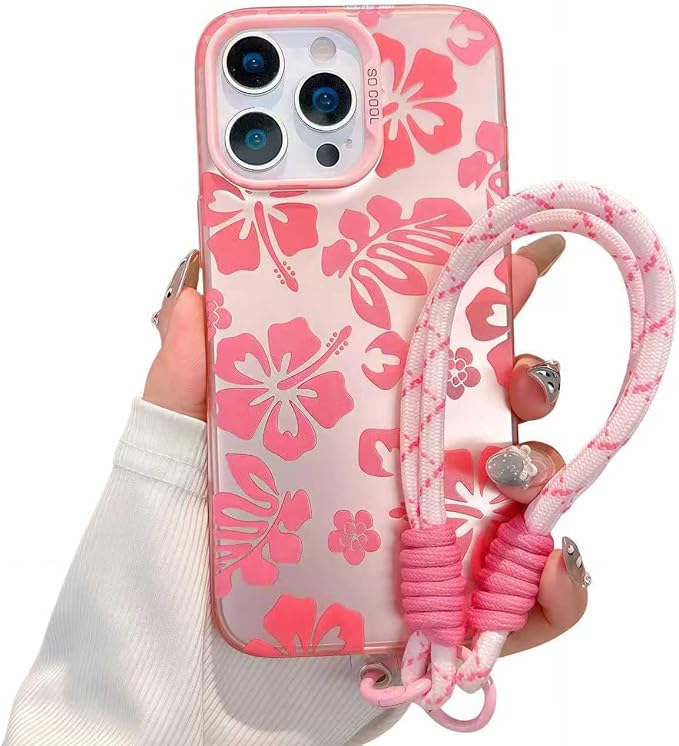 Pretaco Preppy Hibiscus Floral Phone Case – with Wrist Strap Charm