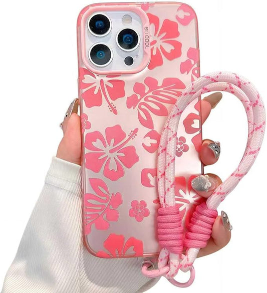 Pretaco Preppy Hibiscus Floral Phone Case – with Wrist Strap Charm