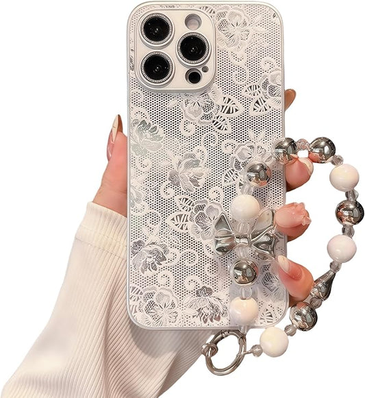 Pretaco 3D Lace Rose Phone Case – Frosted Silver with Bead Hand Strap