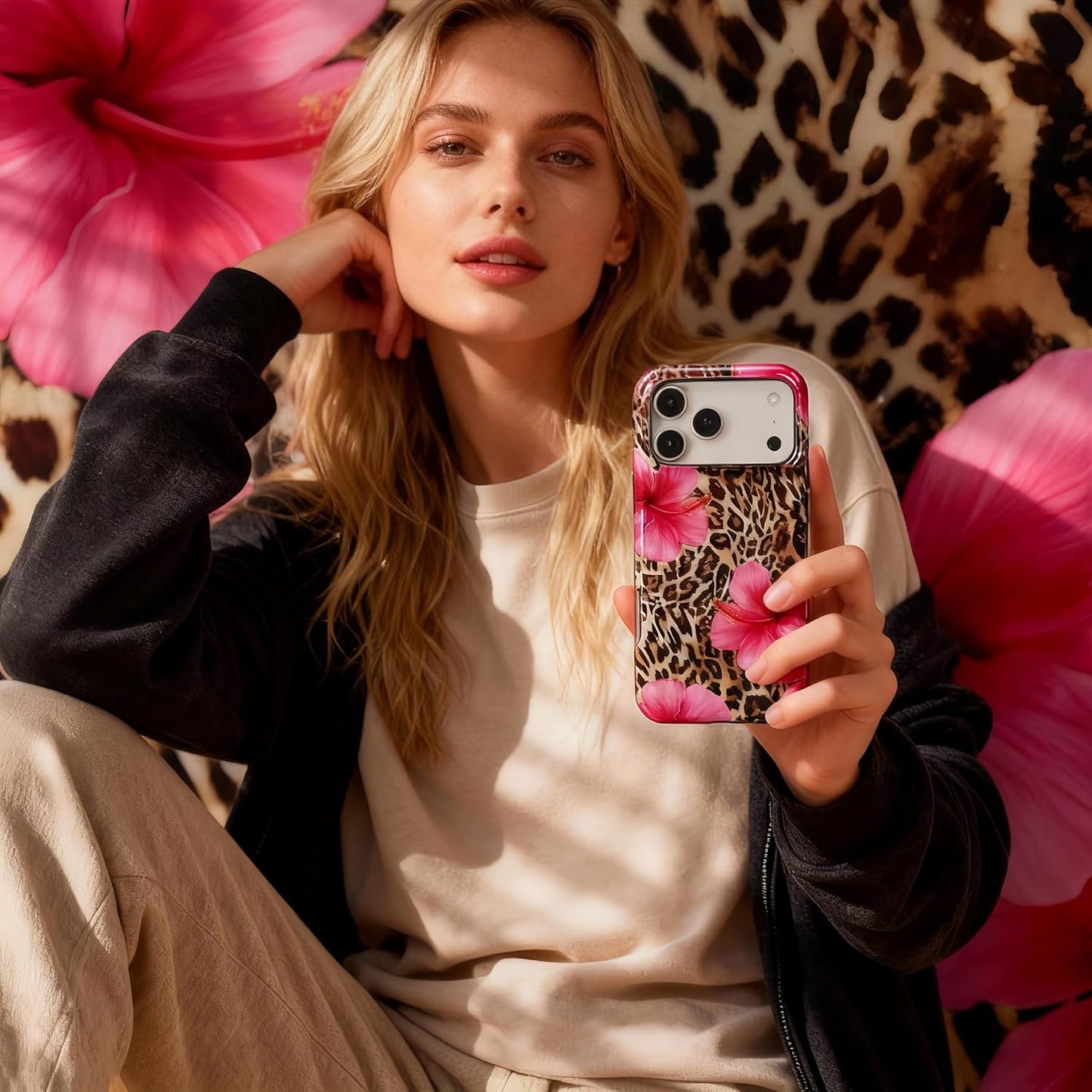 Pretaco Tropical Hibiscus Leopard Phone Case – Premium Dual-Layer