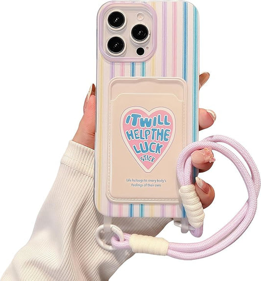 Pretaco Dopamine Stripe Card Slot Phone Case – Love Print with Lanyard